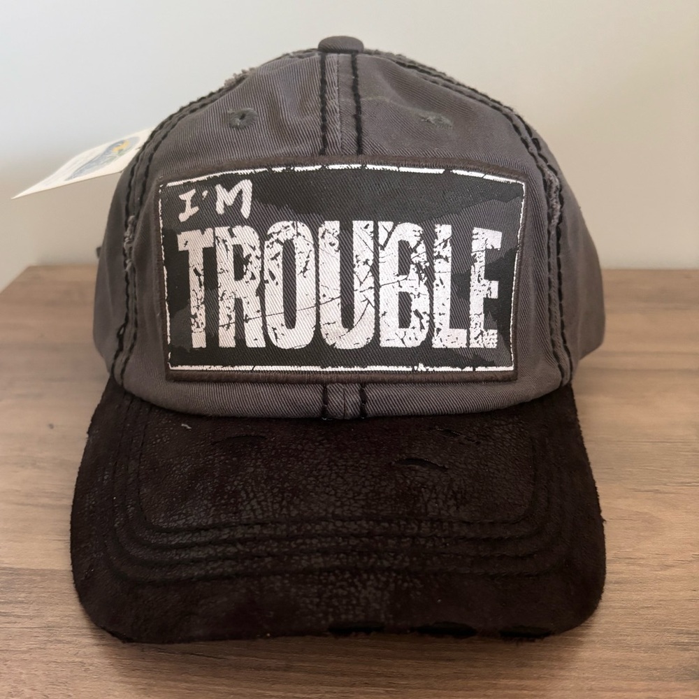 Black and Gray Distressed I’m Trouble Adjustable Cap